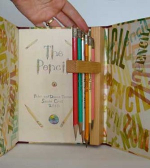 Peter and Donna Thomas The Pencil, 2010, handmade paper, six vintage pencils, cedar wood pencil holder, goat leather spine, 8 1/2 x 5 1/2 inches. Photograph courtesy of Peter and Donna Thomas.