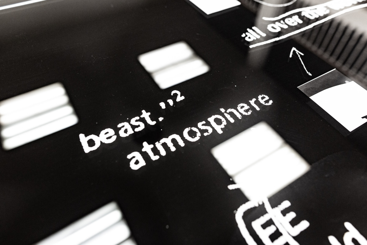 copied black and white paper that says beast. atmosphere