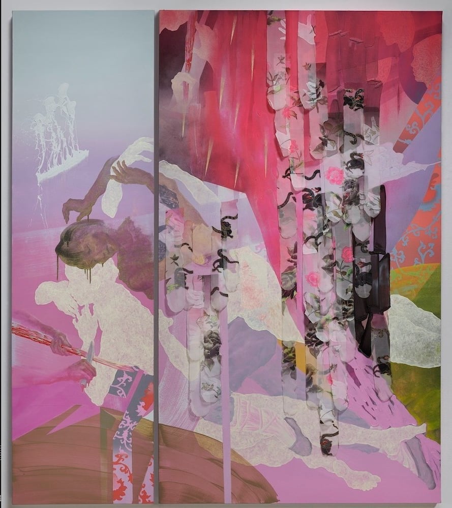 a pink collage with flowers and figures in white in movement