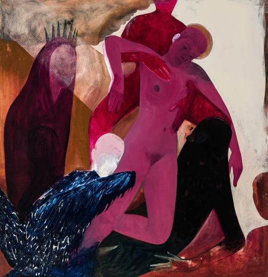 a painting of several human-like figures, one with hot pink skin is held like a cross between the multiple figures, resembling depictions of Christ being taken down from the cross. the expression on their face is forlorn but not necessarily sad