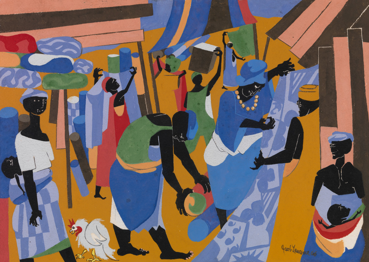 colorful painting of a street scene showing multiple Black figures in colorful dress walking in a village
