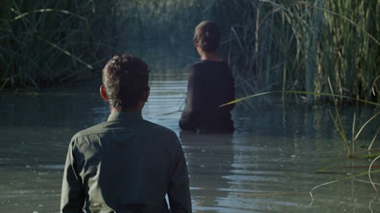 two boys waist deep in a watery marsh, turned with their clothed backs to the camera