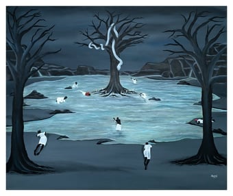 a painting of a body of water surrounded by dark black trees and smaller human figures