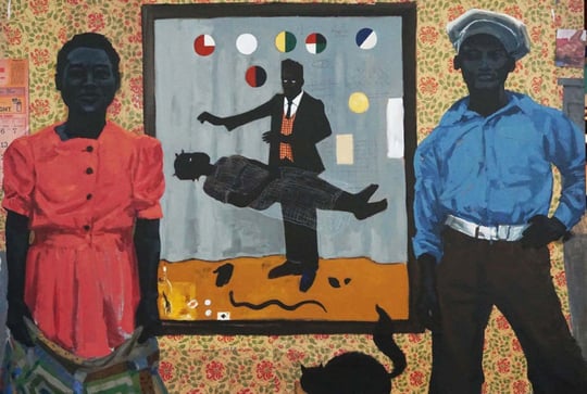 painting of two black individuals in front of a framed artwork depicting a scene of magic