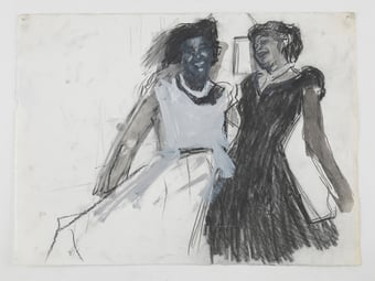 sketched image on paper of two black women laughing and holding each other
