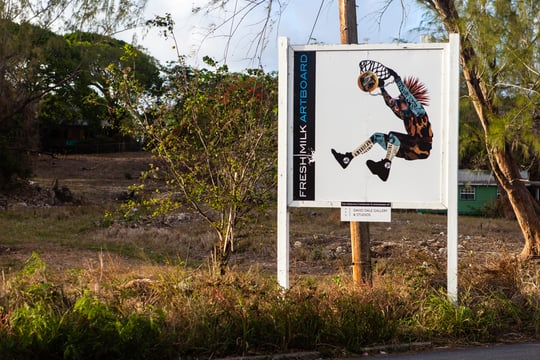 an art billboard at the side of the road in barbados, part of the outreach of Fresh Milk art space.