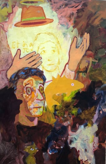 detail image of artwork with figures and hands raised