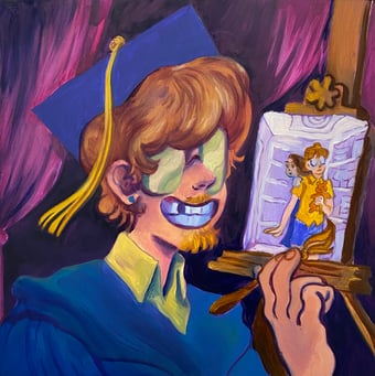 artwork detail of painting featuring graduating student holding a small painting