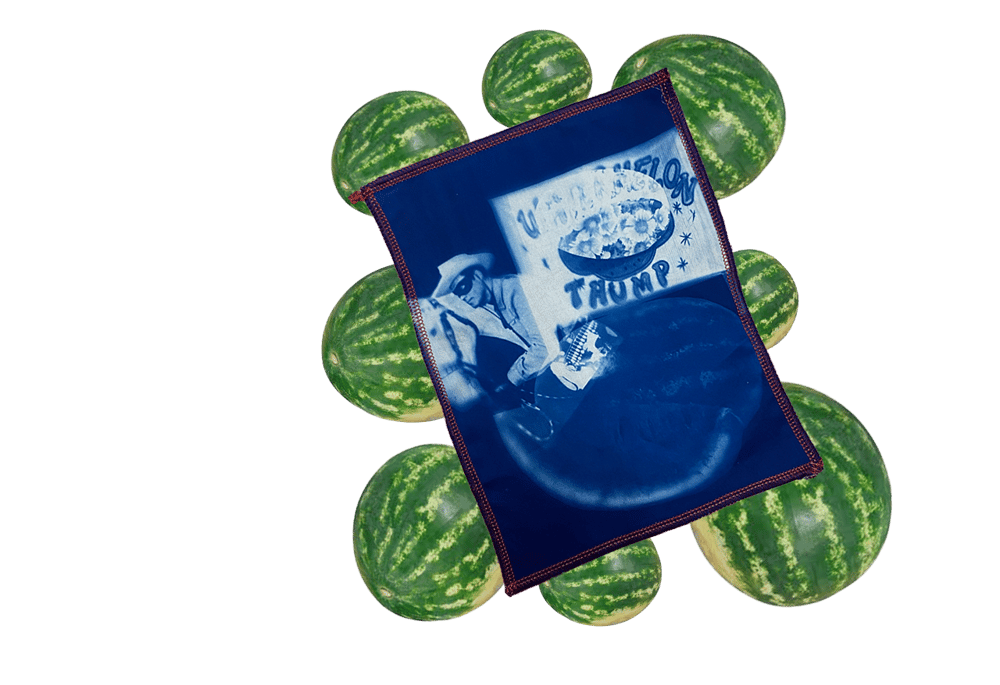 scan of cyanotype with watermelons in the background