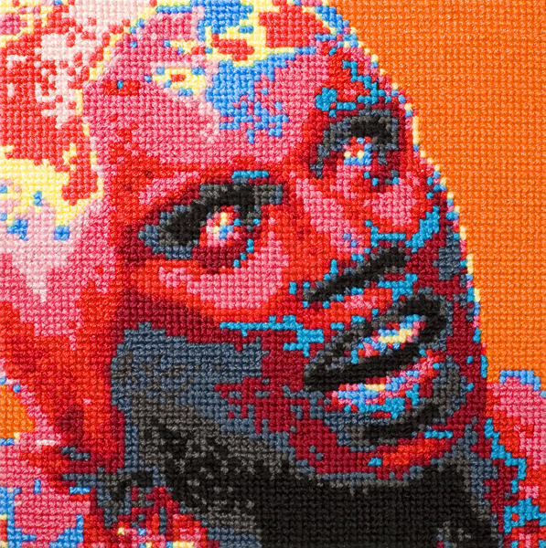 Aubrey Longley-Cook, RuPaul Cross Stitch Animation Workshop - Nathan Sharratt - Frame 20, front view, 5 1/2 x 5 1/2 inches, 2013. Image courtesy the artist.
