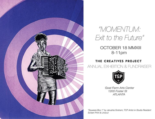 An image of the invitation for The Creatives Project’s event Momentum: Exit to the Future. 