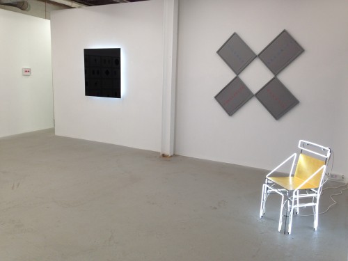 Rusty Wallace, installation view of (l to r) Black square: Into the Black (Homage to K. Malevich), 2010, acrylic, aluminum, and neon; Silence (Begin Again), 2009-13, gouache on paper; and Light (Homage to J. Beuys), 2010, steel, gold leaf, and neon.