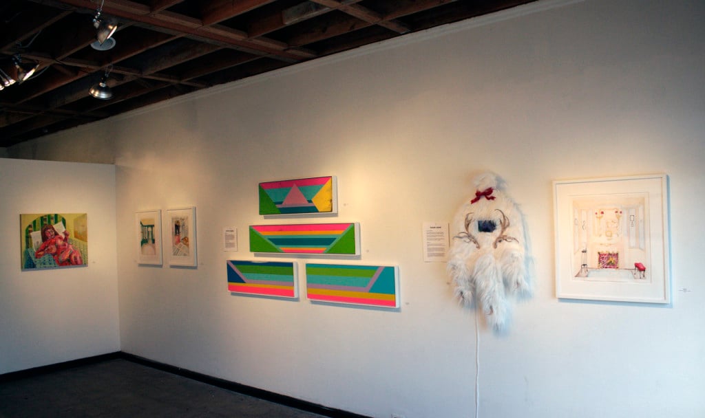 Installation shot of Gold Rush at Beep Beep, featuring works by (l to r) Ally White, Paige Adair, Steve Pomberg, and Paige Adair.
