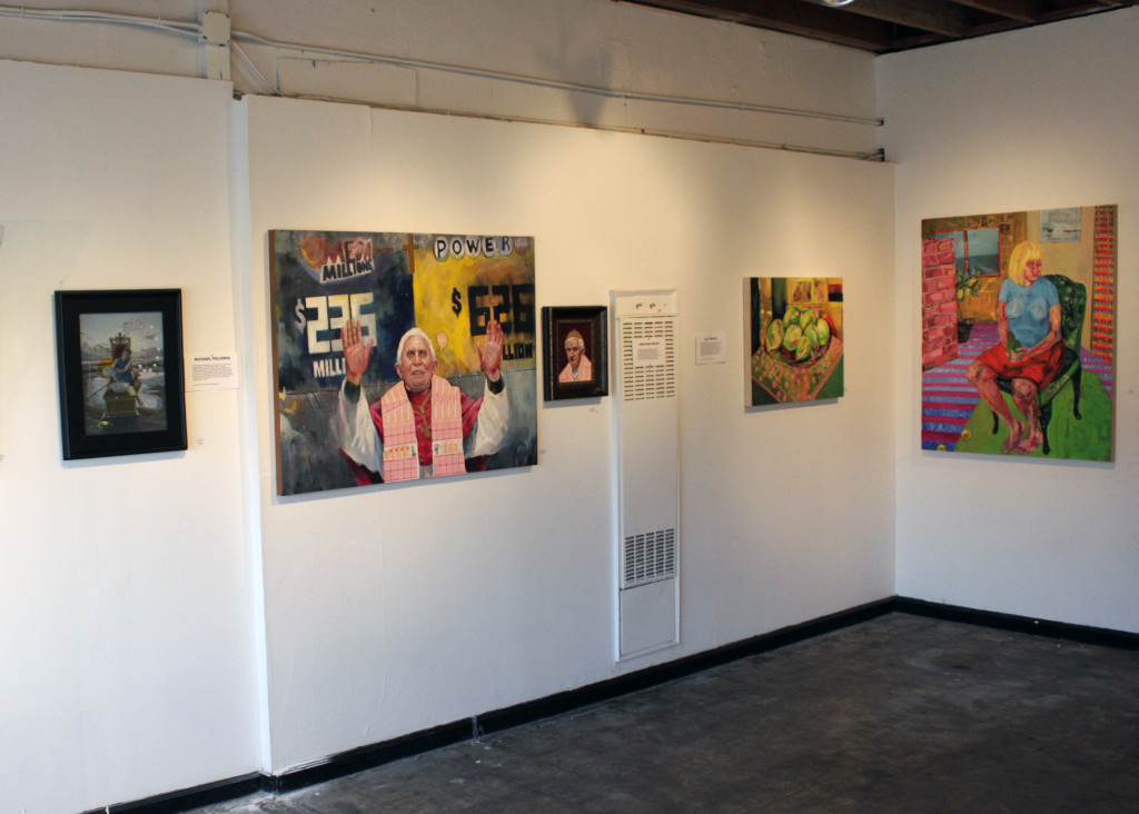 Installation shot featuring works by (l to r) Michael Polomik, Jonathon Welsh, and Ally White.