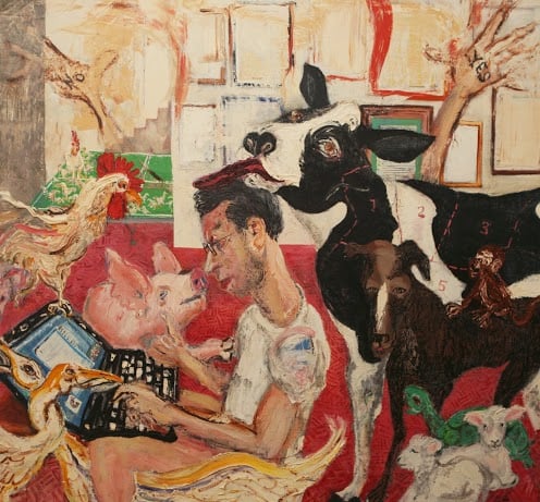 Sam Messer, Jonathan with Animals, 2010-2013;  oil on canvas, 84 by 72 inches.