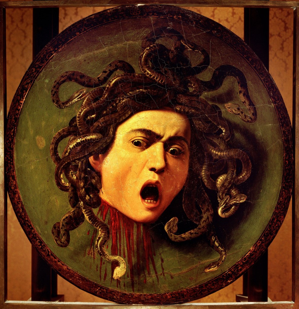 Caravaggio, Medusa, 1597; oil on canvas on wood; 24 by 22 inches. Uffizi Gallery, Florence. 
