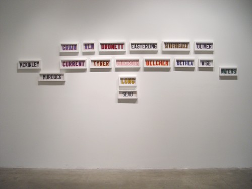 Michael Peterson, Pursuit of Vanity: Pistol Formation, 2014, embroidered names on jerseys. 