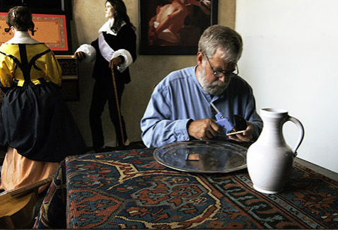 Tim Jenison staging the scene of Vermeer's The Music Lesson. 