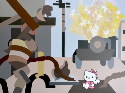 Temme Barkin-Leeds, Battlefield 4 with Kitty, 2014; acrylic, walnut alkyd, and oil on linen, 30 by 40 inches.