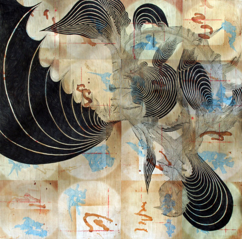 Alphabet Structure II, 2013; ink on wood panel, 44 by 44 by 3 inches. 