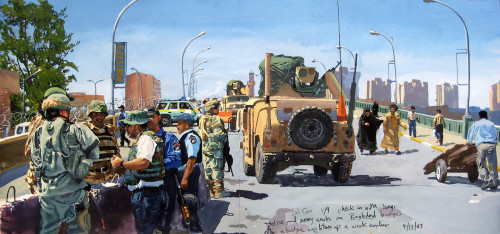Steve Mumford, A patrol from 1st Cav 4/9 checks in with Iraqi checkpoints throughout Haifa Street and Khark in Baghdad in 2007, 2007; ink, watercolor, and gouache on paper.