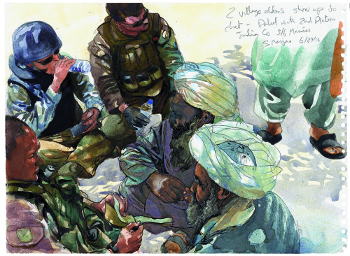 Steve Mumford, A patrol from India Co, 3/6 Marines get a visit from a couple of tough old Afghans, possibly Taliban themselves, 2010; ink, watercolor, and gouache on paper.