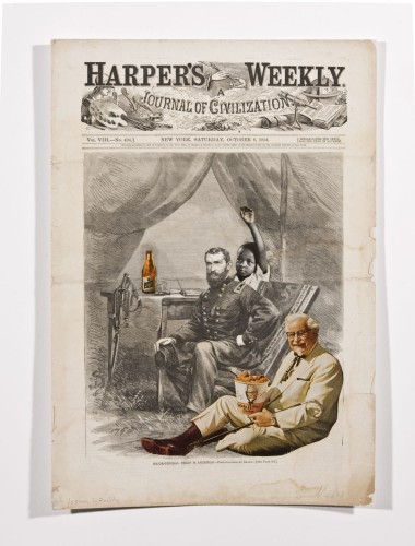 Travis Somerville, Lessons in Reality from the "Harper's Weekly" series, 2013-14; collage and acrylic on vintage ephemera, 15.5 by 11.5 inches.