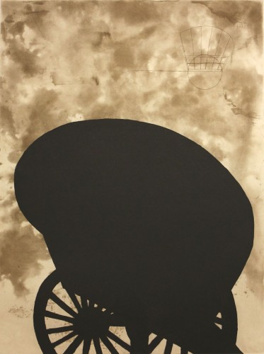 Martin Puryear, Black Cart, 2008; color aquatint etching with chine collé, 35 by 28 inches. High Museum of Art.