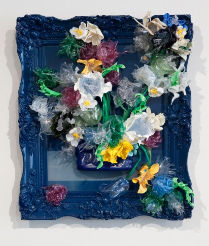 Stacy Bloom Rexrode, Brueghel’s Baroque, 2014; household melted and formed plastic recyclables, resin, and found frame, 27 by 22.5 by 7 inches.
