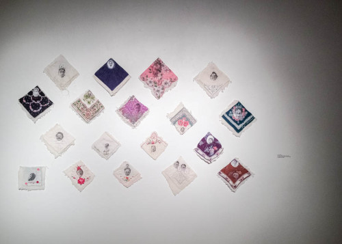 Cecilia Kane, How Am I Feeling Today, 2012-2014; 18 quilted & embroidered vintage handkerchiefs.