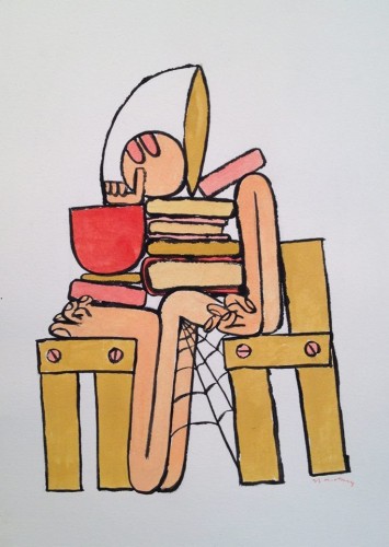 Jason Murphy, contorted man and book stack, 2014; acrylic on archival printmaking paper, (10 by 14inches).