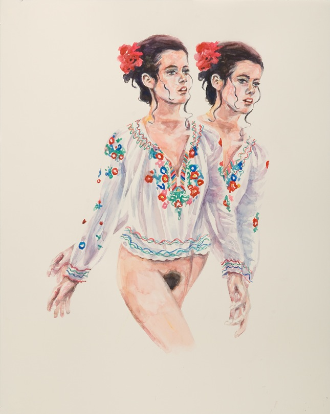 Sharon Shapiro, Field Day, 2014; watercolor on paper, 32 by 26 ½ inches.