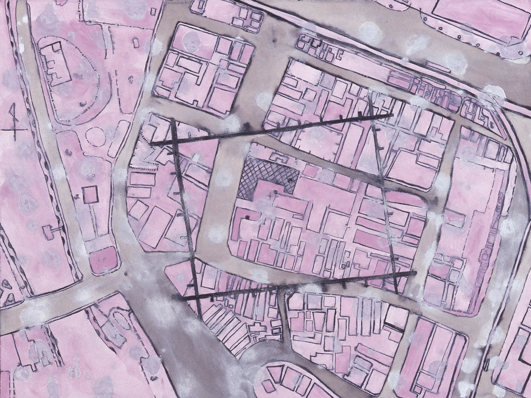 Hypocenter in Hiroshima, Japan, 1945, from the series Bomb After Bomb: A Violent Cartography, 22"x30", ink, gouache, watercolor on paper, elin o'Hara slavick