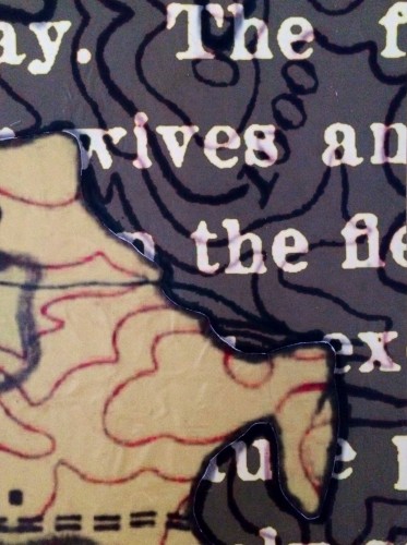 A section from Ruth Stanford's A Walk in the Valley, 2014; map imagery and text on vinyl.
