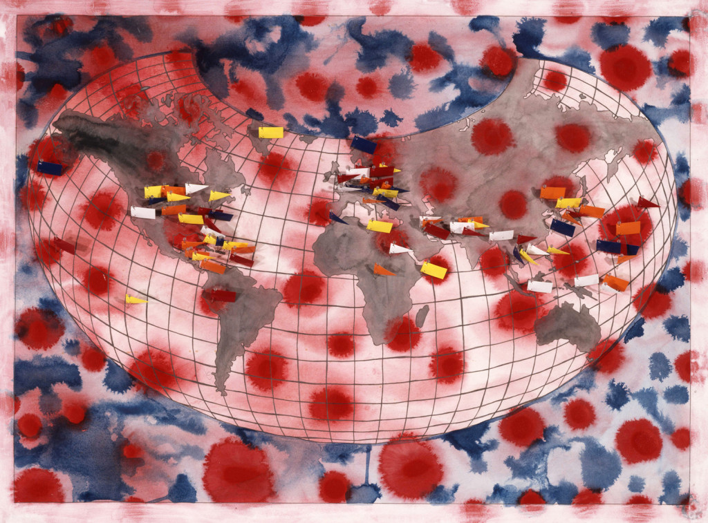 World Map, from the series Bomb After Bomb: A Violent Cartography, flag pins mark bombsites for which there are corresponding drawings, 22"x30", elin o'Hara slavick