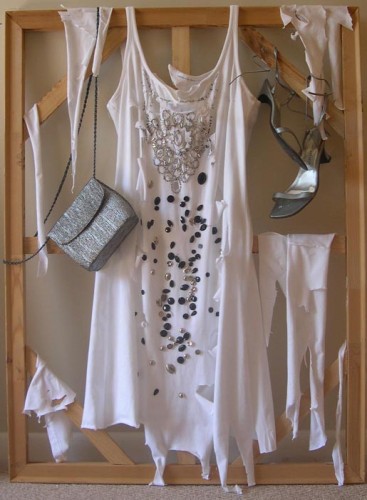 Elaine Albrandi, Cast Off, 2012; dress, beads, sandals, handbag, stretchers, 40 by 30 by 16 inches.