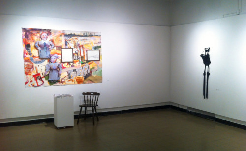 Installation view with (l to r) Grace Needlman and Elise Gonzalez, Nothing but the stovepipe, 2014; mixed media installation, dimensions variable; Elaine Alibrandi, Fill in the Blanks, 2013; black lace teddy, black velvet bowtie, black stockings, 48 by 12 by 8 inches.