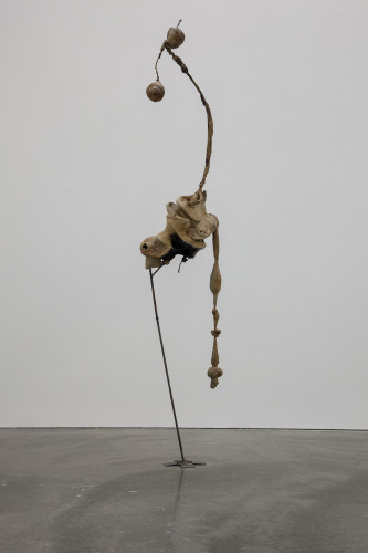 Andrew Boatright, Goebbels Just Wanna Have Fun (Low-Hanging Fruit), 2014; rebar, wire, polyurethane adhesive, insulation, aluminum foil, 98 by 28 by 19 inches.