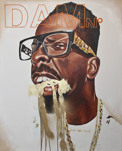 Fahamu Pecou, Don't Feed the Mouth That Bites You II ... aka Rep the Trap, 2014; acrylic, gold leaf, spray paint, and oil stick on canvas,  60 bu 48 inches.