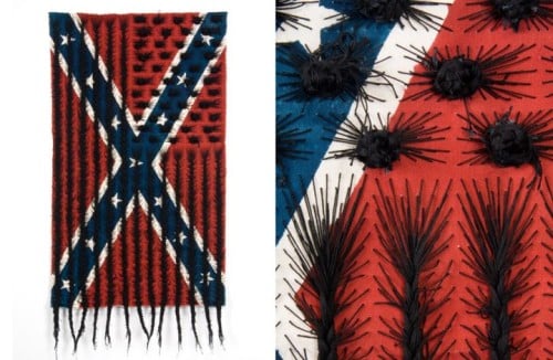 Sonya Clark, black hair flag, 2010; cloth and thread.