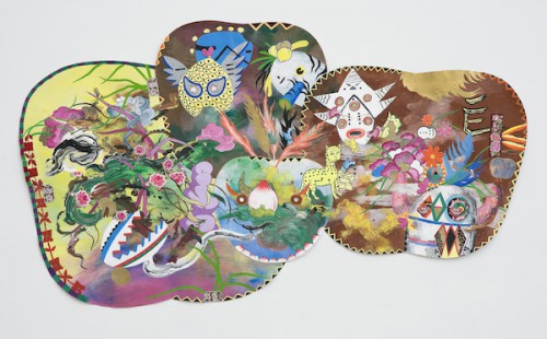 Jiha Moon, Masqueraders, 2013;  ink, acrylic, embroidery patches on Hanji paper, 36 by 64½ inches.
