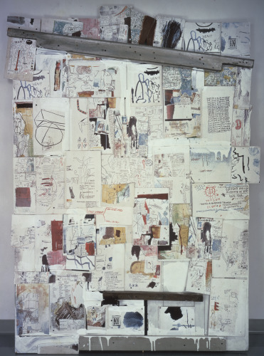 Jean-Michel Basquiat Natchez, 1985; acrylic, wood and color xeroxes on plywood mounted on wooden doors, 85 by 60.63 by 4 inches. (Galerie Andrea Caratsch, Zurich.)
