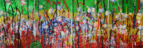 Ebony Patterson In di Grass – beyond the blades, 2014; mixed media on paper, 40 by 120 inches (2 parts; 40 by 30 inches ea.). (Courtesy the artist and Monique Meloche) 