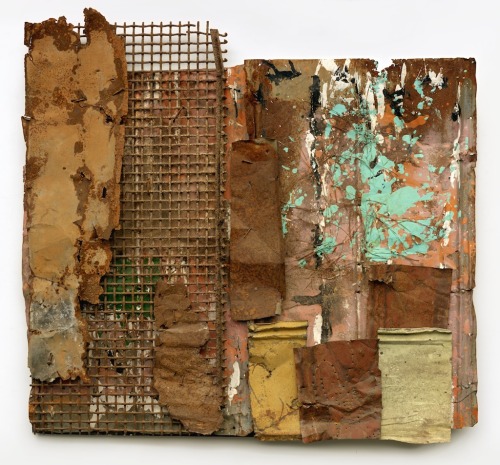Ronald Lockett, The Enemy Amongst Us, 1995; paint, pine straw, metal grate, tin, nails, on wood, 50 by 53 inches.  