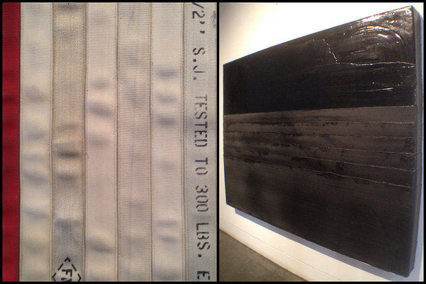 Theaster Gates, Civil Tapestrty (detail) and Tar Painting. (Photo: Doug MacCash / NOLA.com / The Times-Picayune)