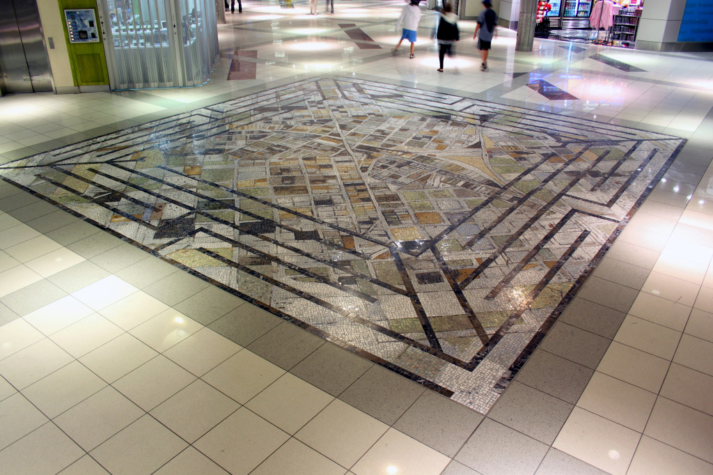 Installation shot of Cheryl Goldsleger's walkable labyrinth in Terminal A at Hartsfield-Jackson Atlanta International Airport.