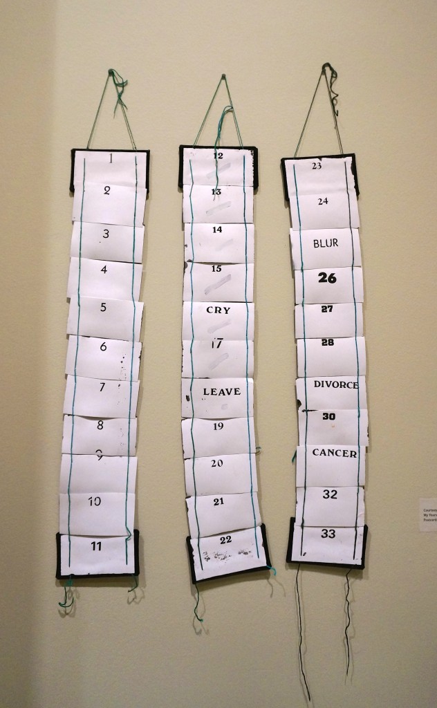 Courtney Adair Johnson, My Years, 2014; postcards, thread, paint, board, velvet, glue, letraset transfers.