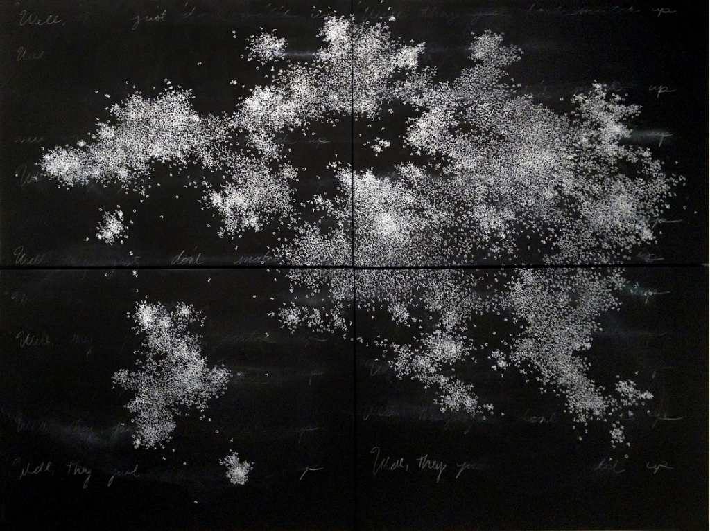 Bethany Collins, Well, They Just Don't Match Up II, 2014; chalk and charcoal on chalkboard; 60 by 80 inches.