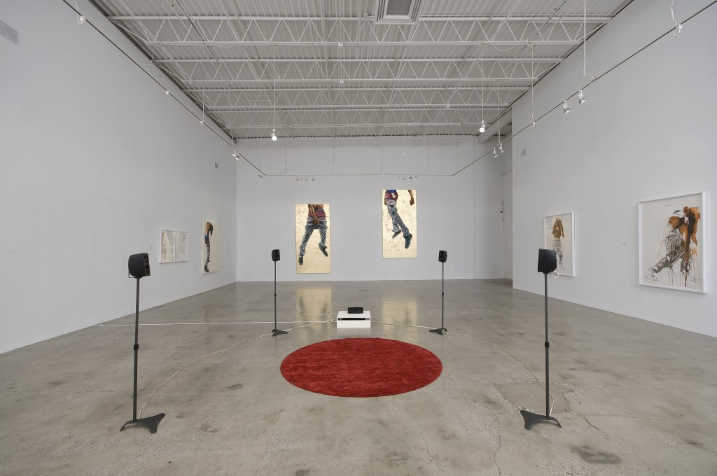 Installation view of Fahamu Pecou's "Grav•i•ty," with the sound installation <i>Sky is the Limit</i> in the foreground. 