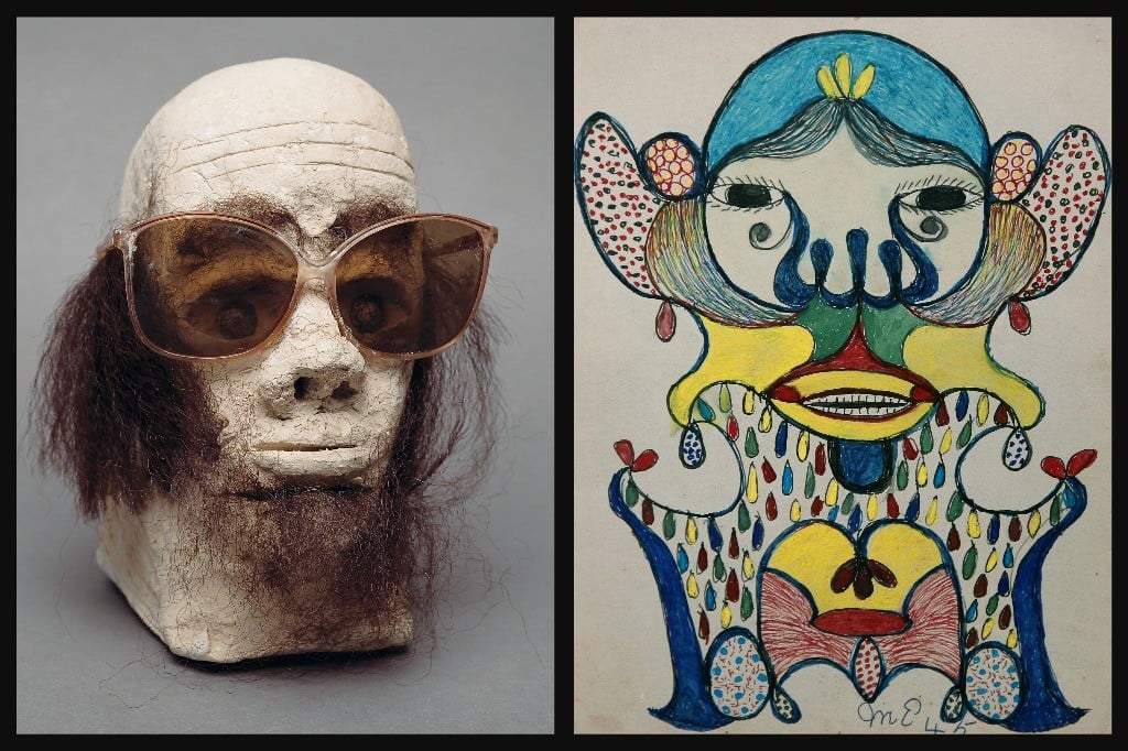 Left, James “Son” Thomas untitled, 1987; unfired clay, artificial hair, sunglasses and glass marbles, 9 by 7 by 7 inches. Right: Minnie Evans, untilted, 1945; ink, tempera on U.S. Coast Guard paper, 9½ by 7 inches. 